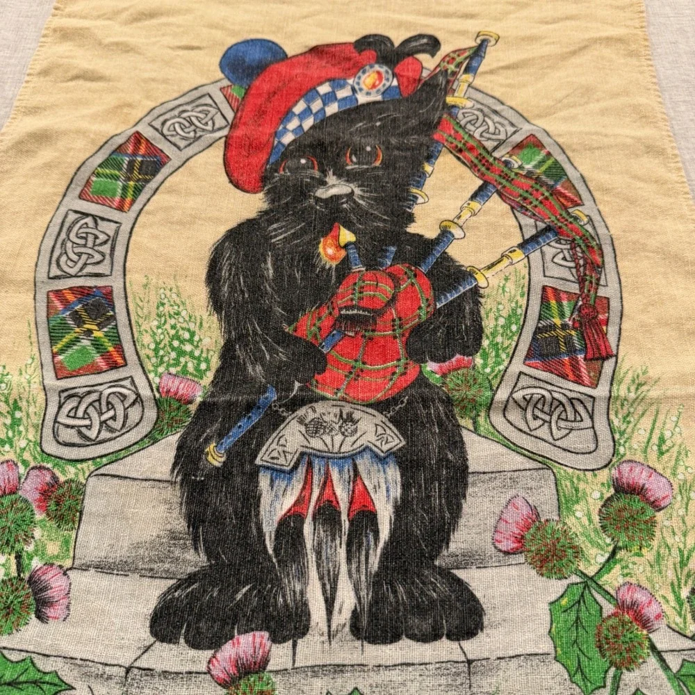 Vintage Lamont Scottie Dog Bagpipes Tea Towel Linen Cotton Made in UK Scottish